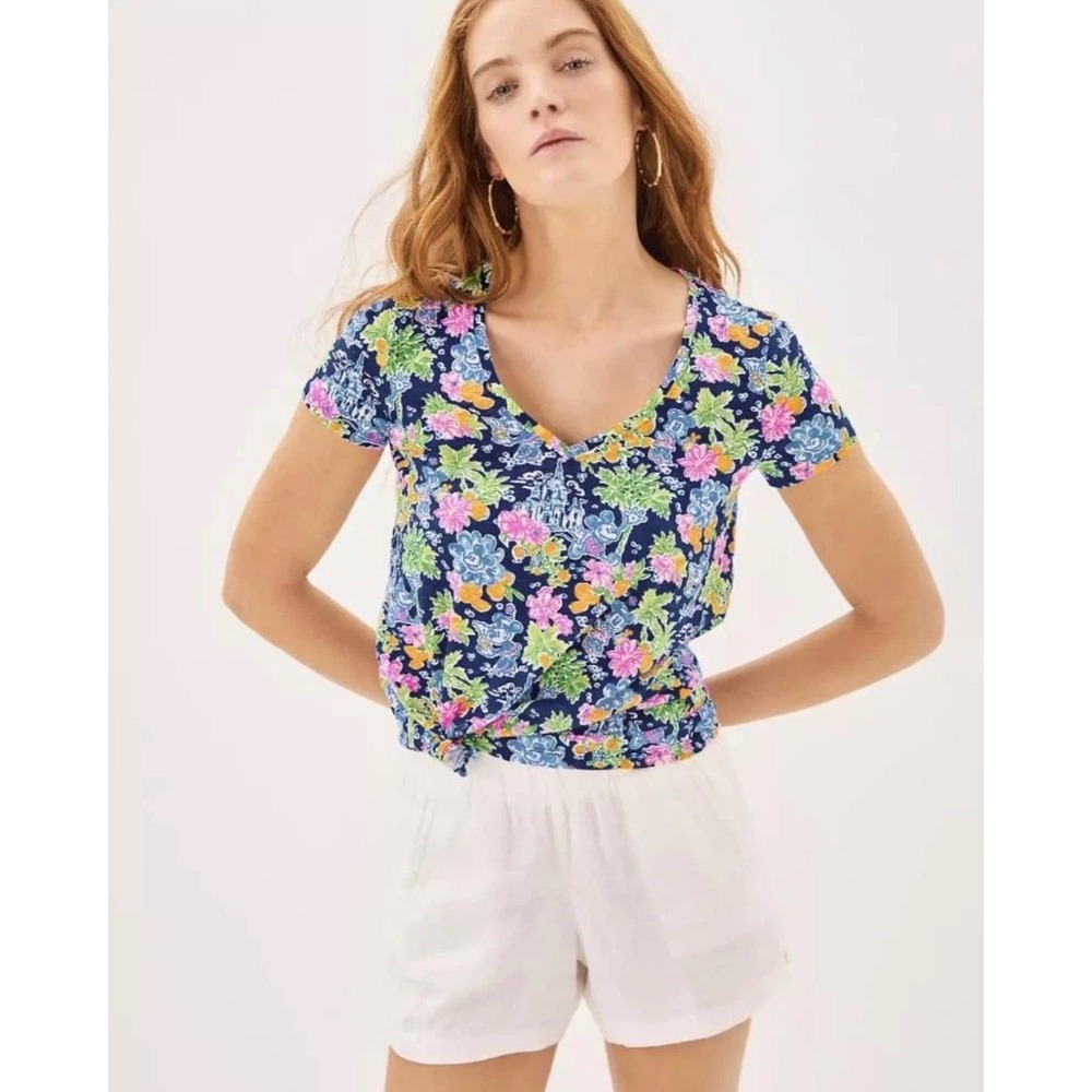 Disney X Lilly Pulitzer Etta V-Neck T-Shirt XS Blue Mickey Minnie Castle Floral